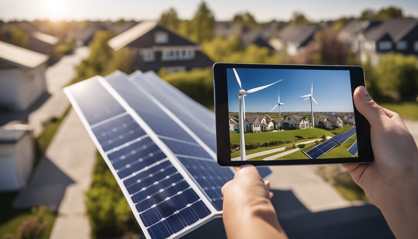 A sunny day in a suburban neighborhood, with solar panels on rooftops and wind turbines in the distance. A homeowner looks at a brochure