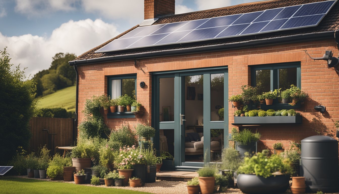 A cozy UK home with a biogas system, surrounded by greenery and solar panels, showcasing the environmental and economic benefits of sustainable energy