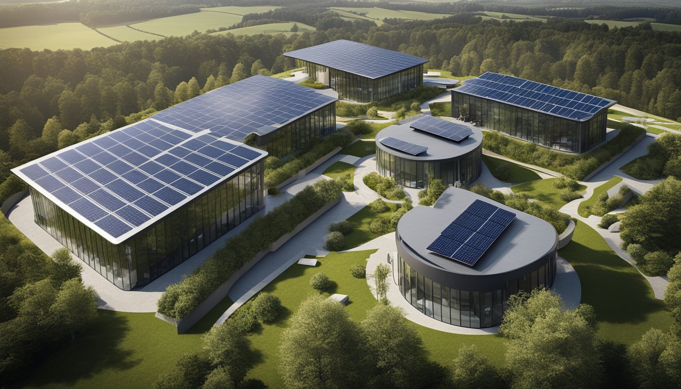 A modern, eco-friendly building in the UK, featuring solar panels, wind turbines, green roofs, and energy-efficient windows