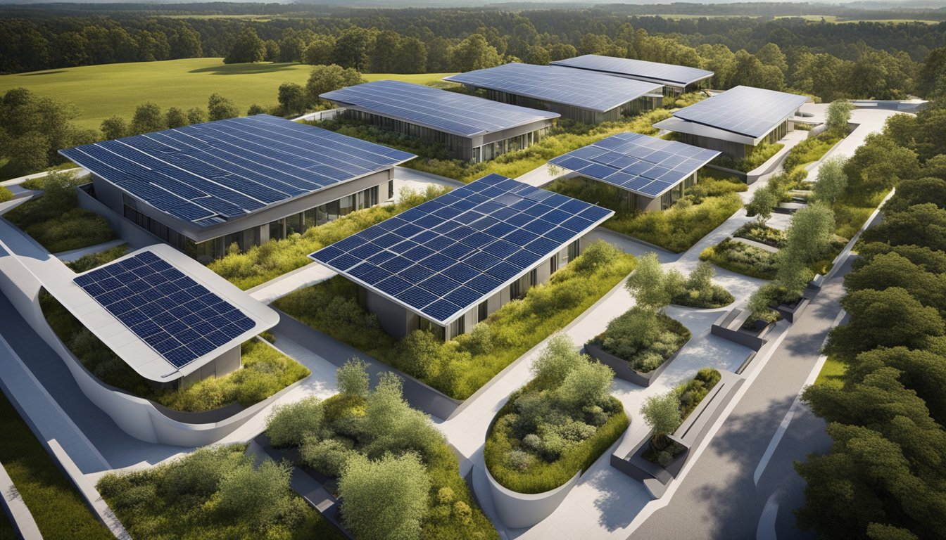 A modern, eco-friendly building with solar panels, green roofs, and efficient water systems. Surrounding landscape features native plants and efficient stormwater management