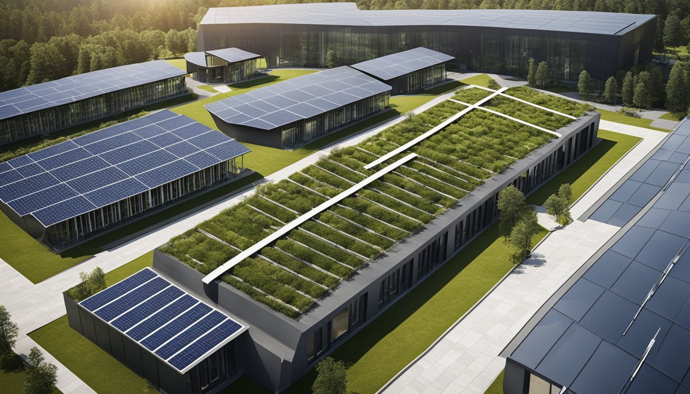 A modern office building with solar panels, wind turbines, and green roofs. Workers receiving training on sustainable construction methods