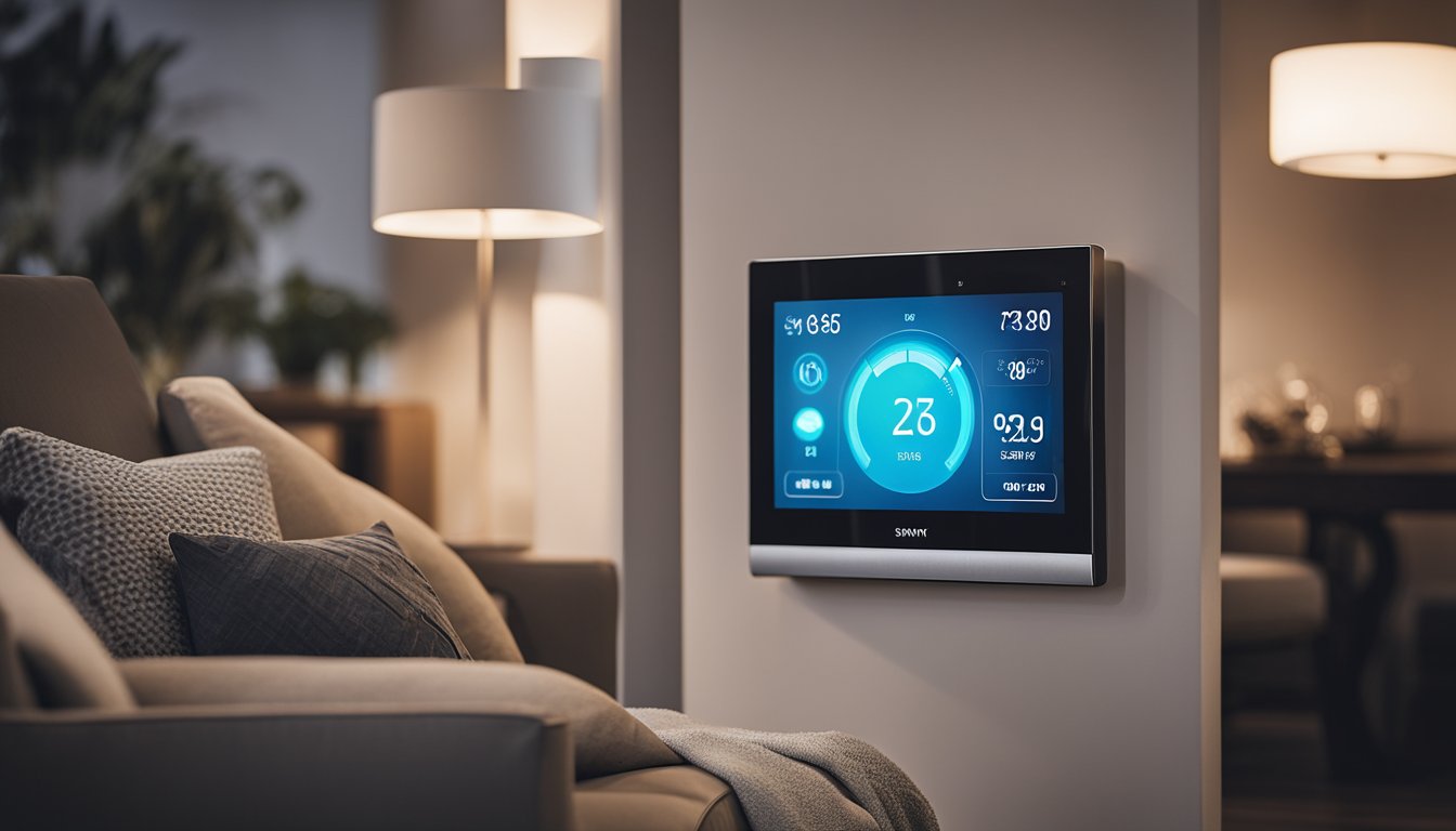 A modern living room with smart home gadgets controlling energy usage. Smart thermostat, lighting, and appliances are all seamlessly integrated for energy-efficient living in the UK