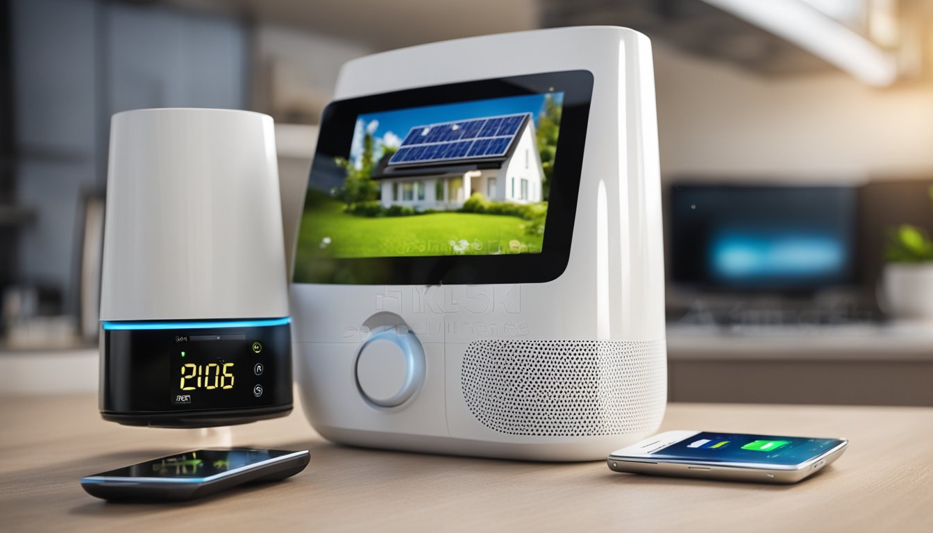 A smart home with energy-saving gadgets: LED lights, smart thermostat, solar panels, and efficient appliances