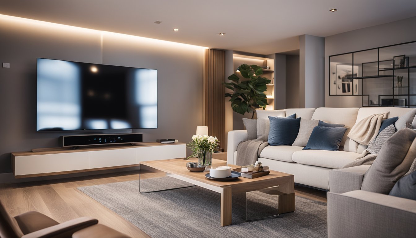 A modern living room with smart home gadgets like thermostats, light bulbs, and smart plugs. The room is well-lit and cozy, with a focus on energy efficiency