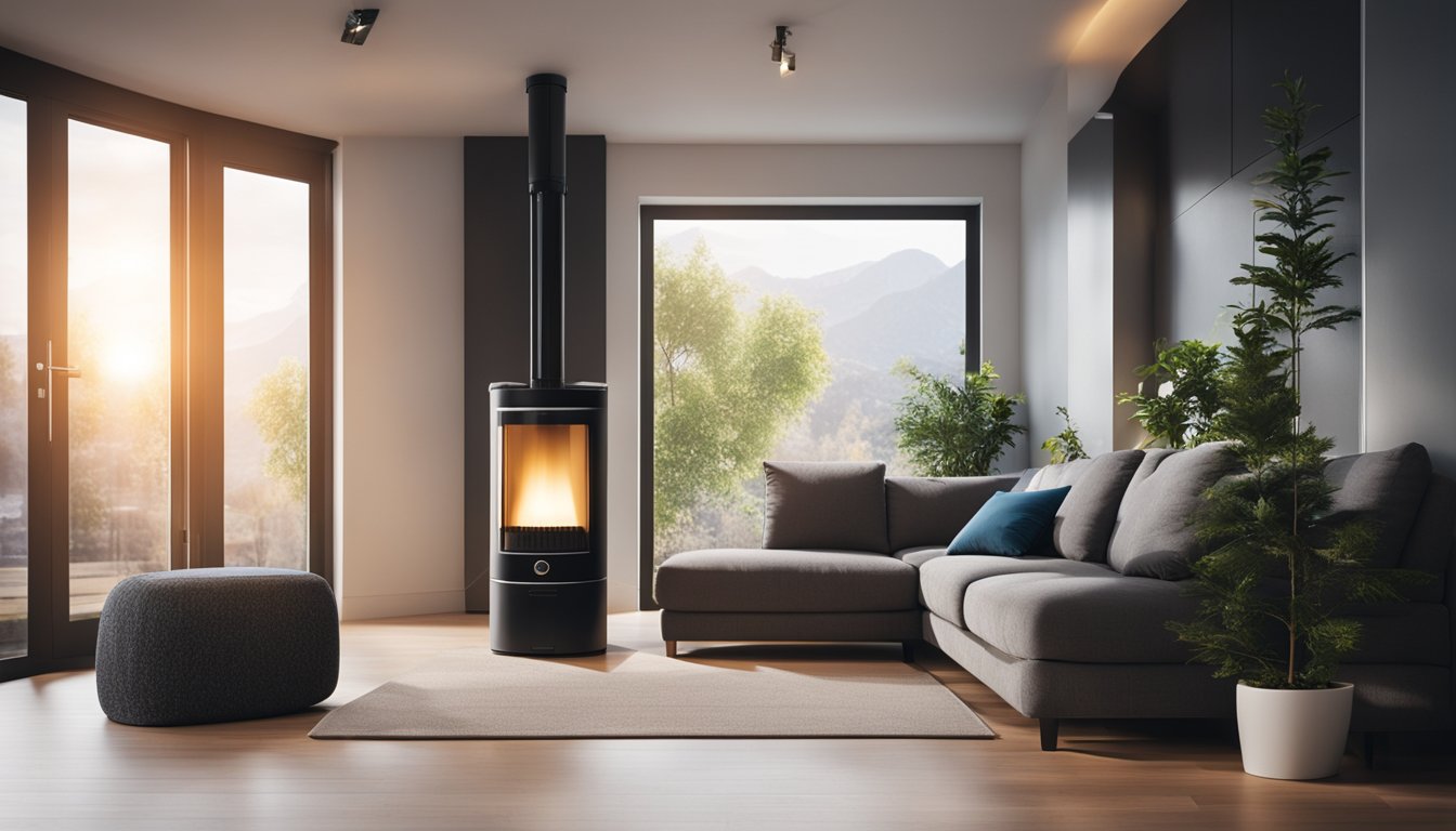 A cozy living room with a modern hydrogen boiler installed in the corner, emitting a warm and comfortable atmosphere