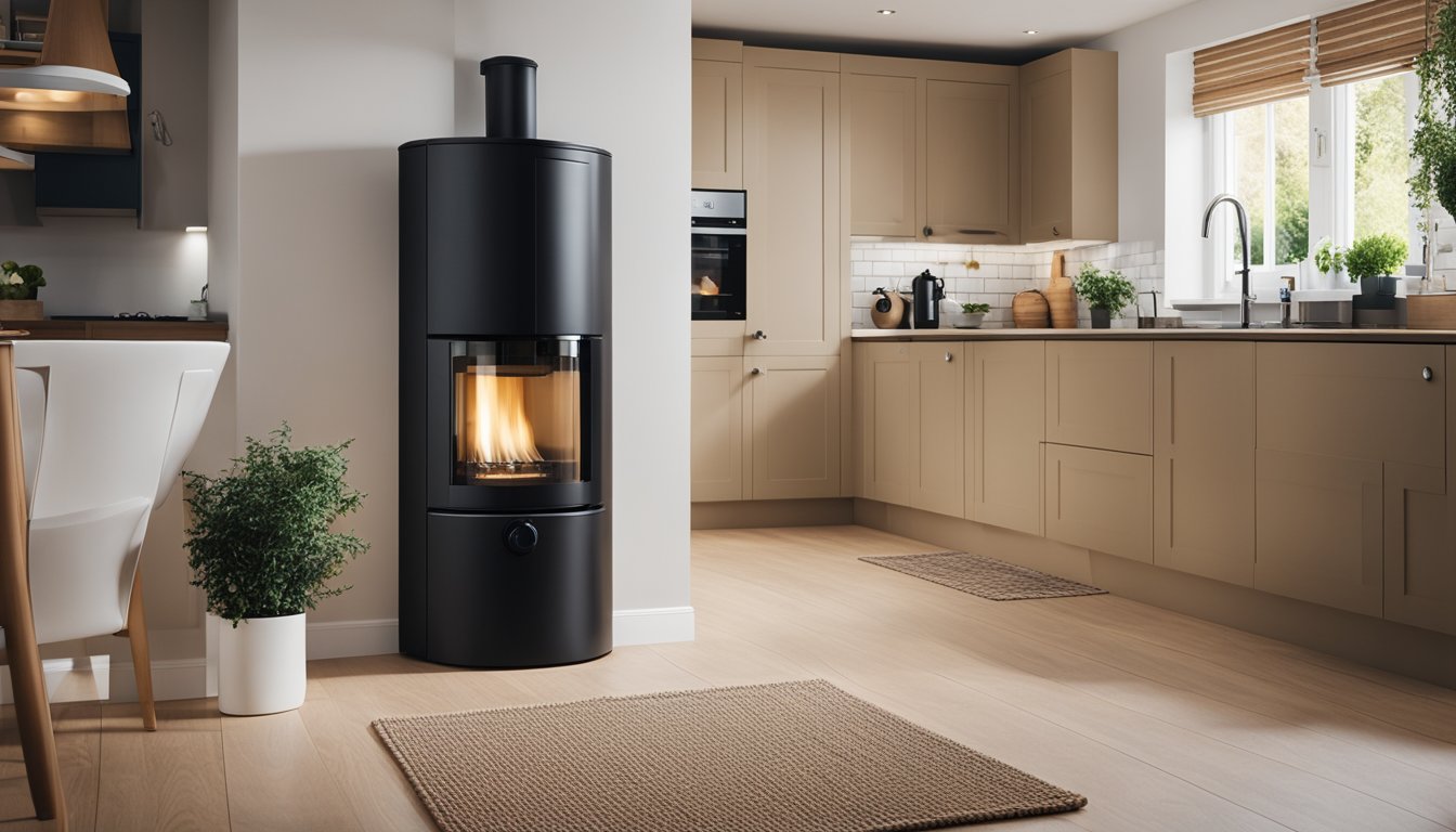 A cozy UK home with a modern hydrogen boiler installed in the kitchen, emitting clean and efficient heat throughout the house