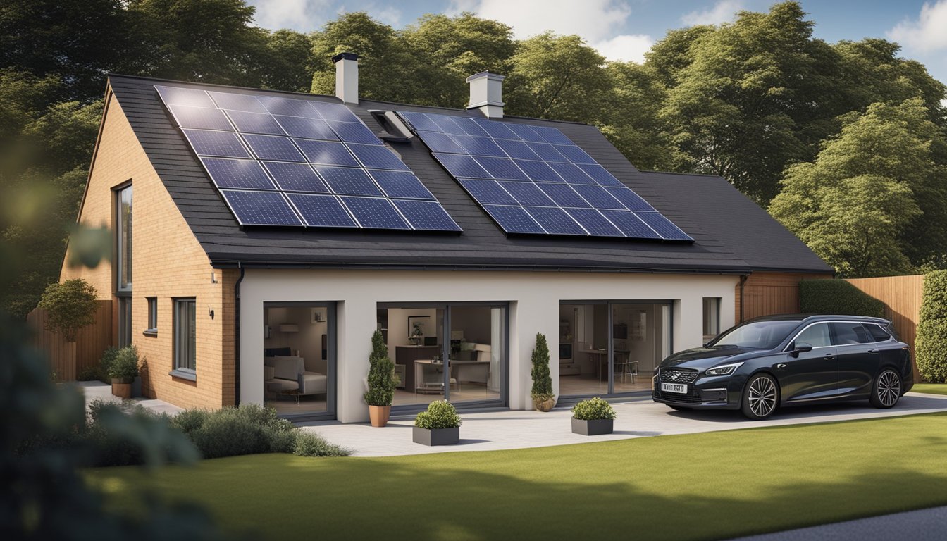 A suburban UK home with solar panels on the roof, connected to a battery storage system in the garage, providing energy independence