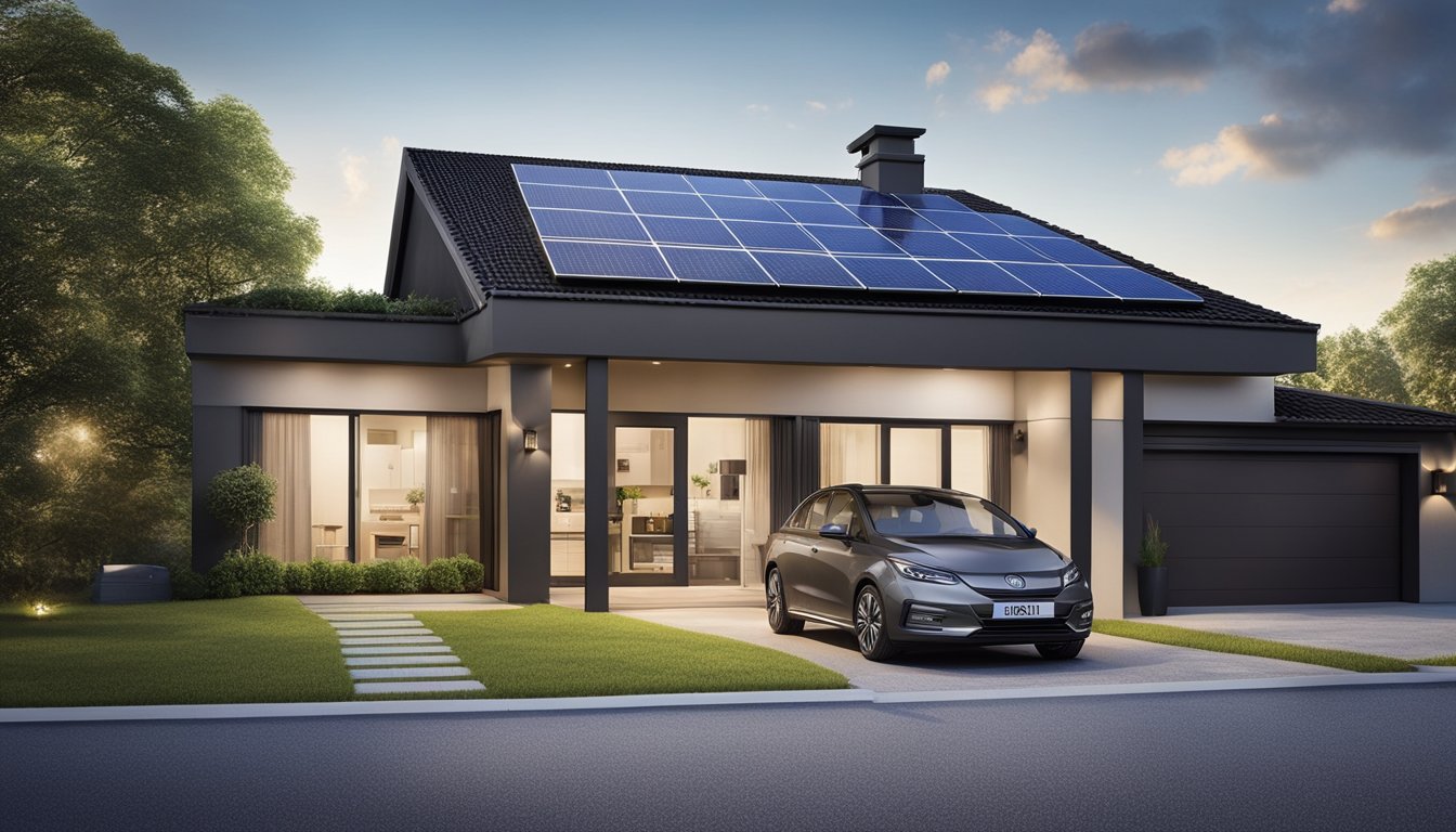 A modern home with solar panels on the roof, connected to an energy storage system in the garage, with a digital display showing energy usage and storage levels