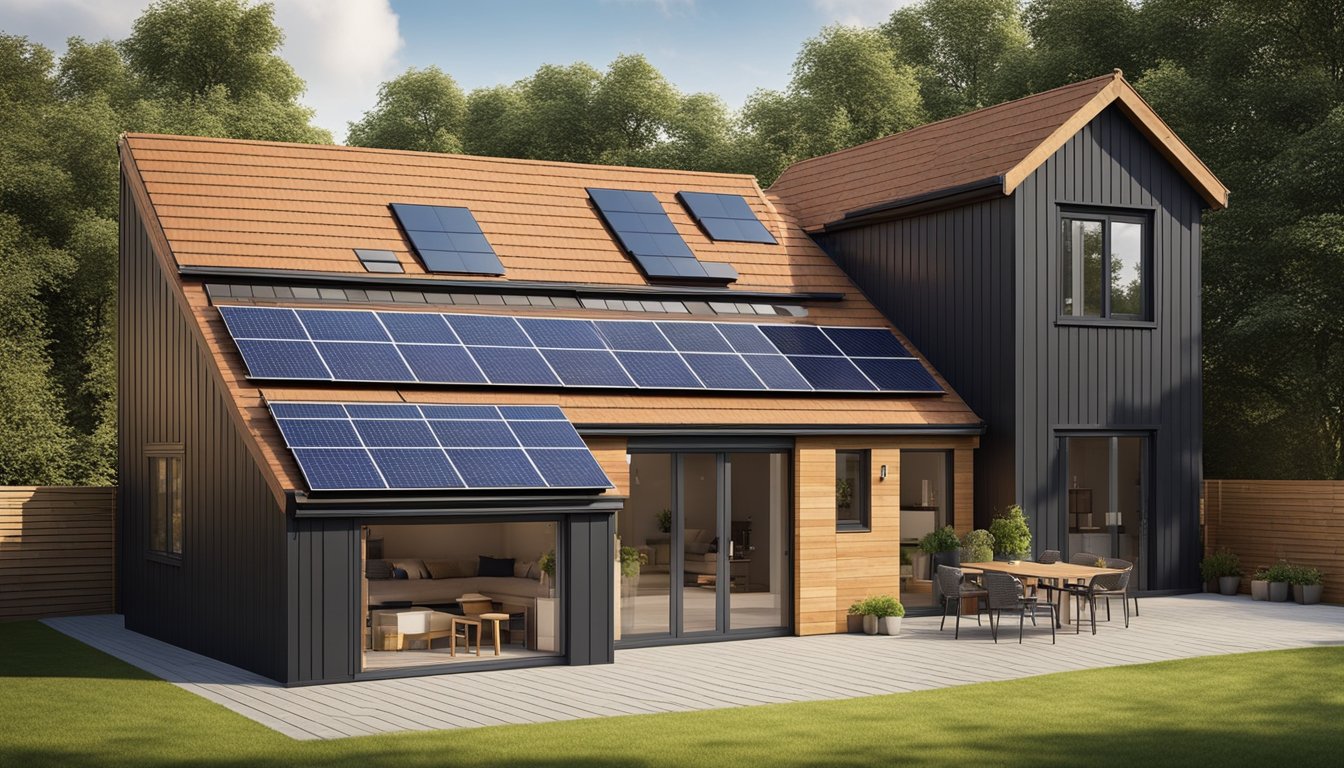 A modern UK household with solar panels on the roof, a battery storage unit in the garage, and energy-efficient appliances in use