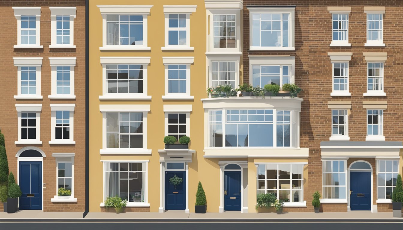 An illustration of a UK home with various window options, including double-glazed, low-emissivity, and energy-efficient frames. The scene shows different styles and sizes of windows to represent the options available for homeowners