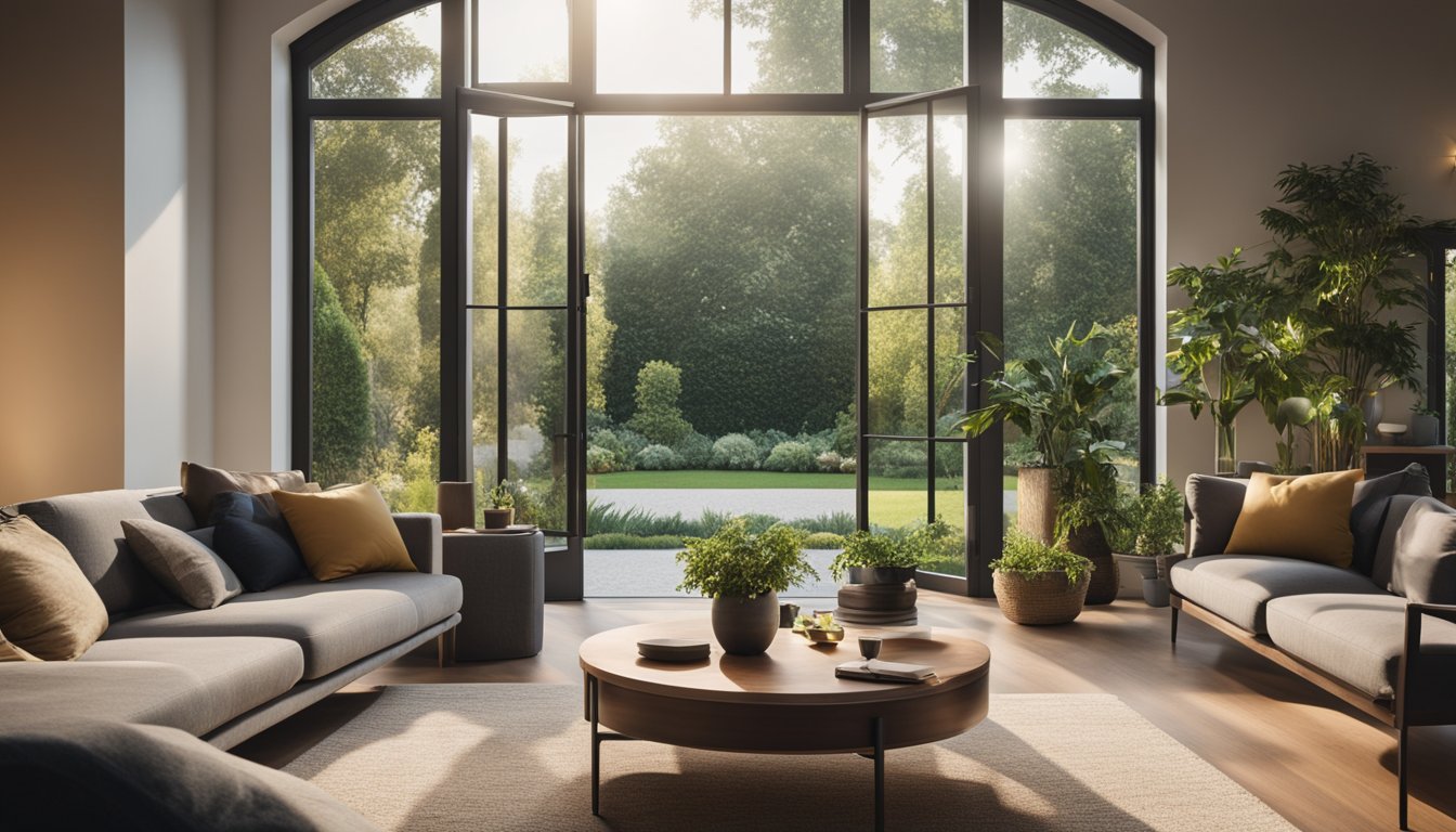 A cozy living room with a large, energy-efficient window overlooking a lush garden and allowing natural light to flood the space