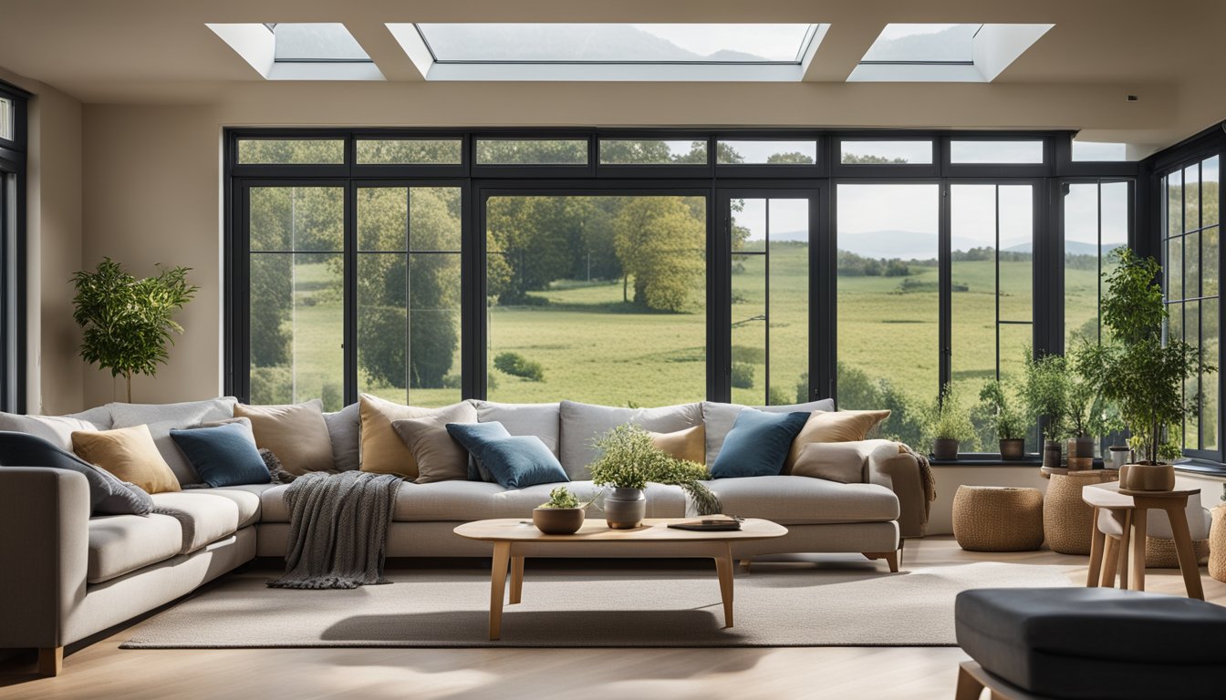 A cozy living room with large, double-glazed windows, showcasing the UK countryside outside. The windows are sealed tightly, with energy-efficient frames and low-emissivity glass