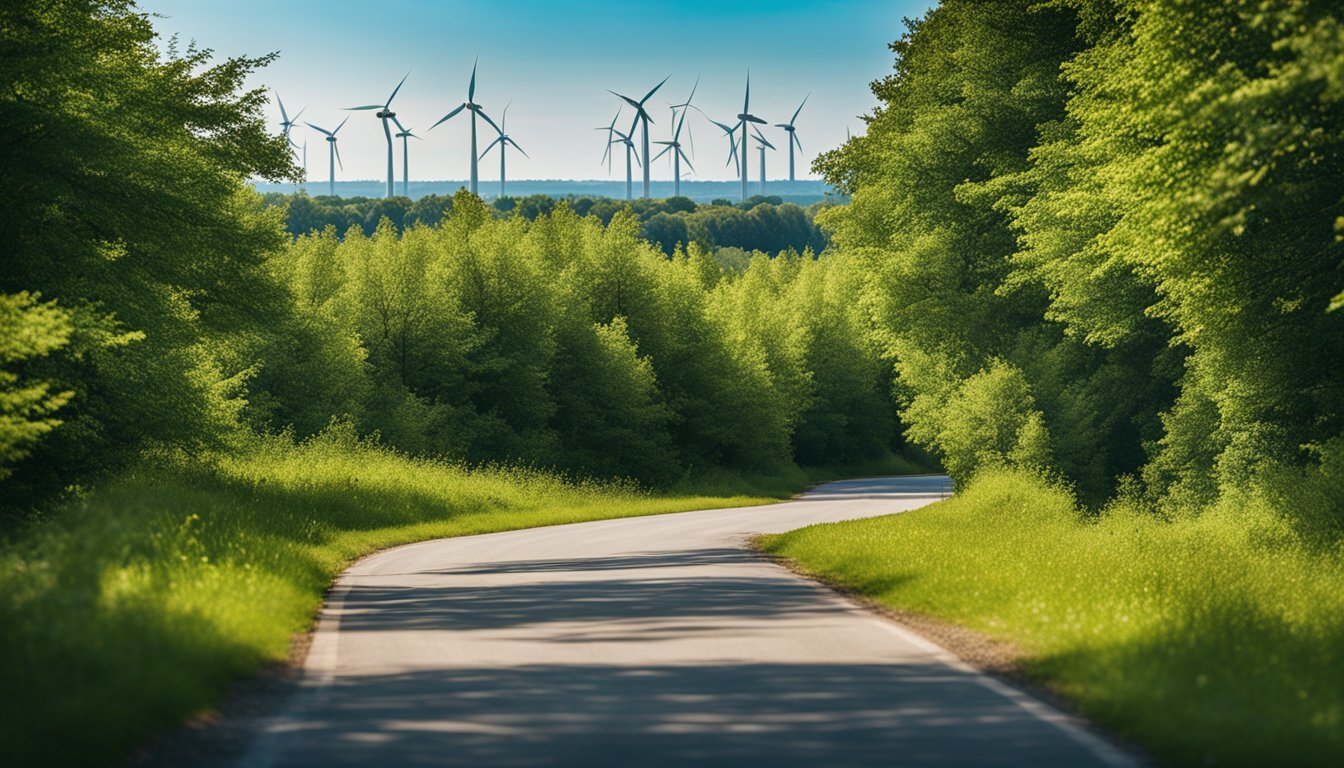 A lush green forest with wind turbines in the background, a bicycle path, and a clear blue sky