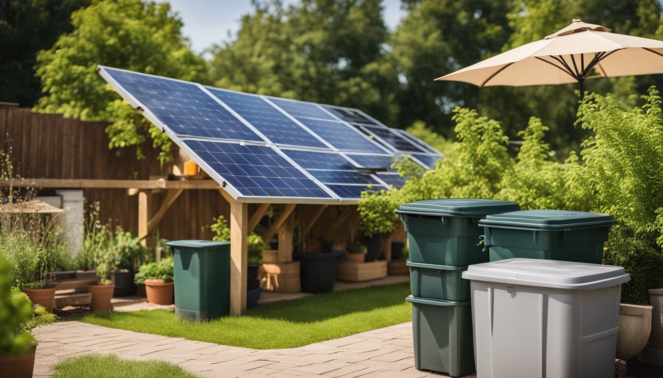 A family home with solar panels, a compost bin, and a rain barrel. A vegetable garden and recycling bins are also visible