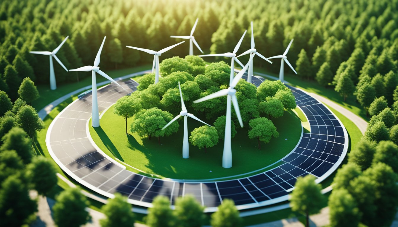 A green earth surrounded by arrows pointing downward, wind turbines, solar panels, and trees