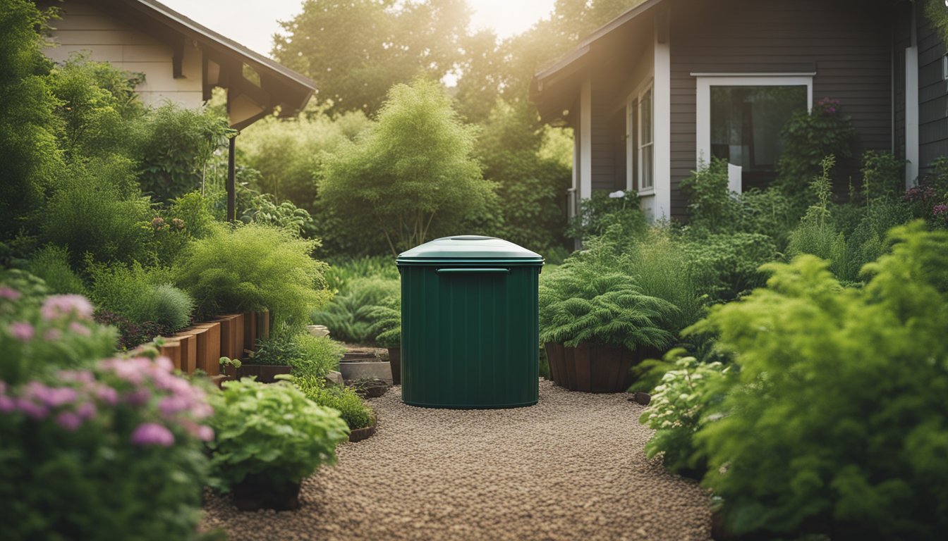 A lush, green garden with native plants, a rainwater collection system, and a compost bin, surrounded by a low-maintenance gravel pathway