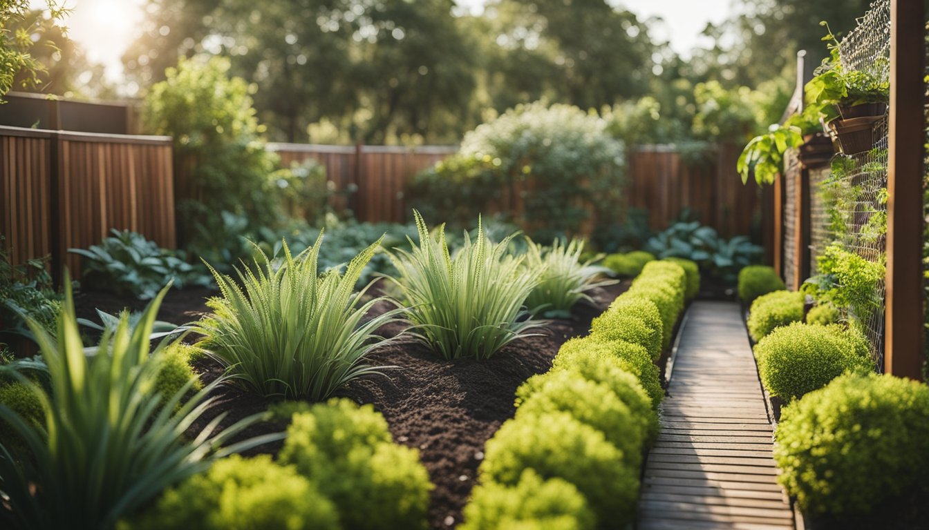 A lush garden with native plants, a rainwater harvesting system, and compost bins, surrounded by a low-maintenance, eco-friendly fence