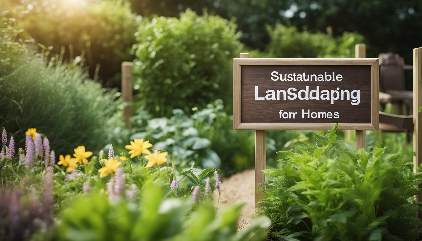 A lush garden with native plants, compost bins, and a rainwater harvesting system. A wooden sign reads "Sustainable Landscaping Ideas For UK Homes."