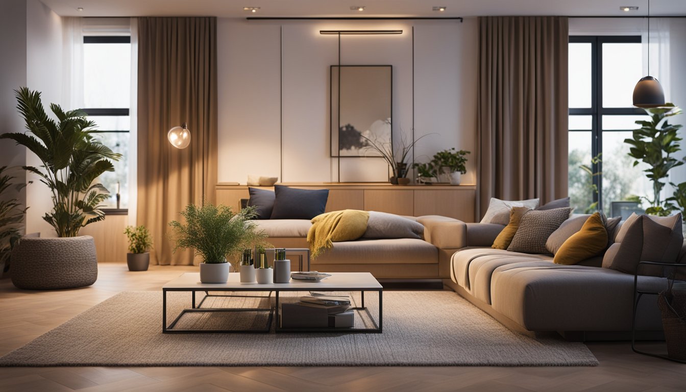 A cozy living room with warm, energy-efficient LED lighting illuminating the space, showcasing the sustainable benefits of switching to LED lighting