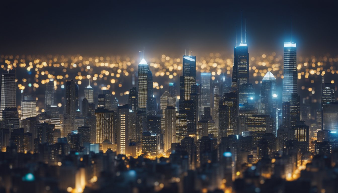 A city skyline with buildings illuminated by LED lights, showing reduced energy consumption and environmental impact