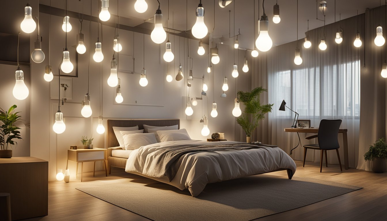 A room with LED bulbs emitting bright, energy-efficient light. Various sustainable icons and symbols surround the bulbs, representing the environmental benefits of switching to LED lighting