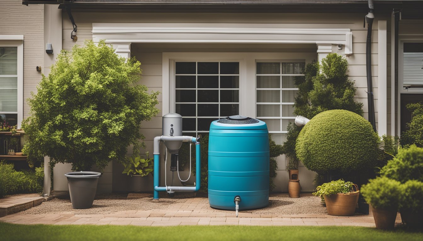 A family home with a rain barrel collecting water, low-flow faucets, a timer on the sprinkler system, and a water-efficient washing machine