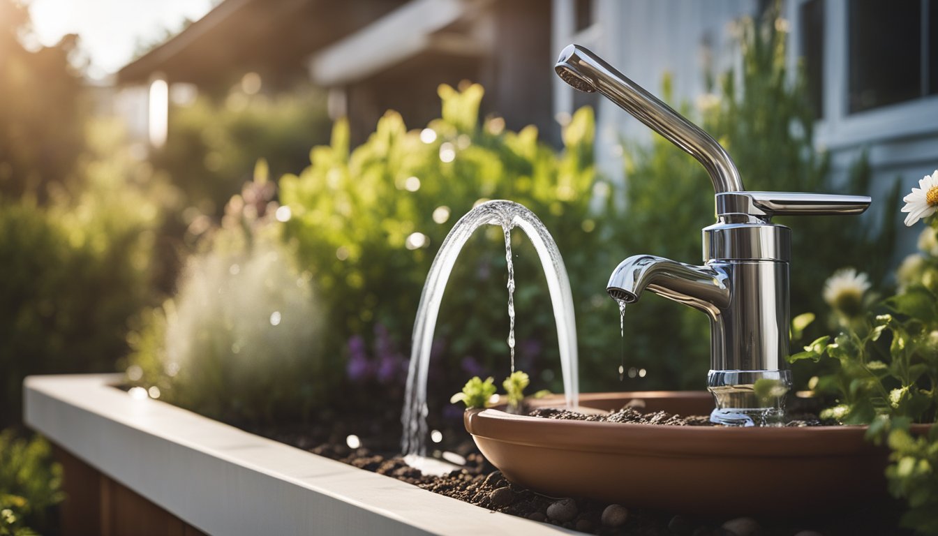 A family home with water-saving features: low-flow faucets, rain barrel, water-efficient appliances, and native plants in the garden