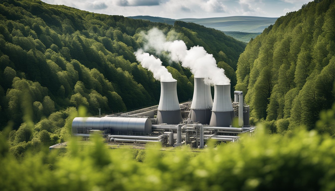 A landscape with geothermal power plants providing clean energy, surrounded by lush greenery and wildlife, showcasing the economic and environmental benefits of geothermal energy in the UK