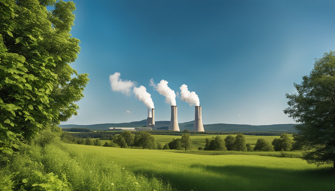 A serene countryside landscape with a geothermal power plant in the background, surrounded by lush greenery and a clear blue sky