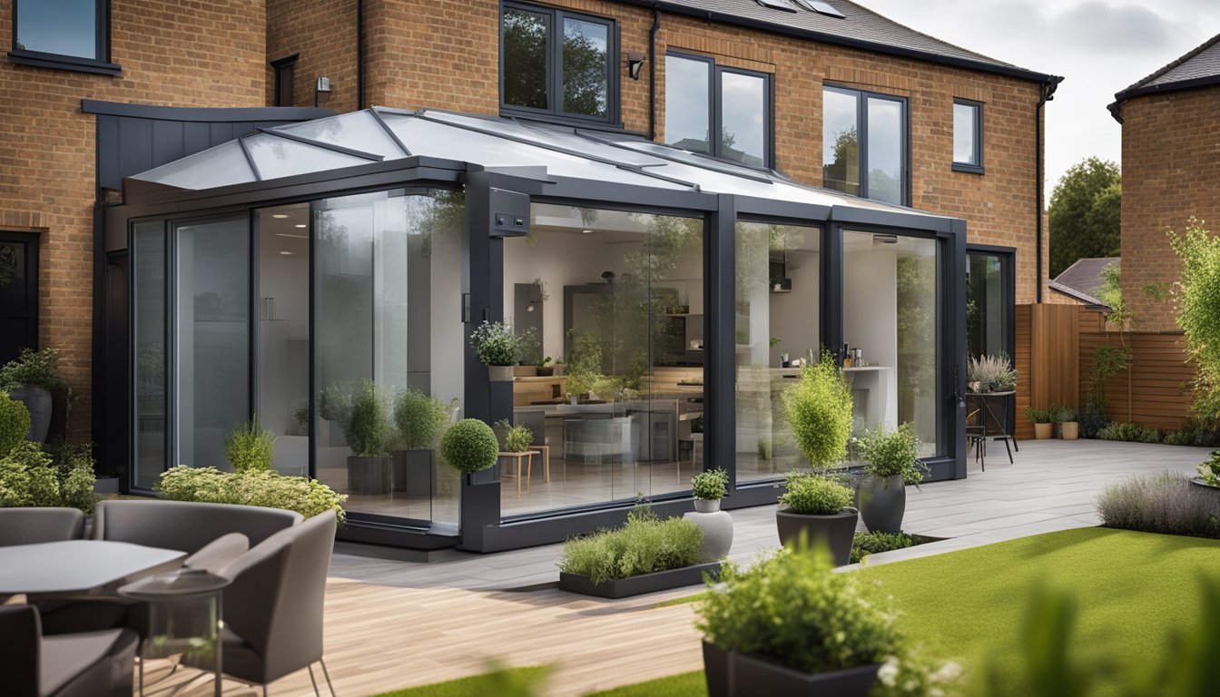 A modern UK home with smart water management technology, including rainwater harvesting, greywater recycling, and high-efficiency fixtures