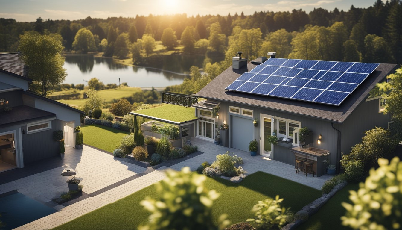 A sunny suburban home with solar panels on the roof, a wind turbine in the backyard, and a small hydroelectric dam in the nearby stream