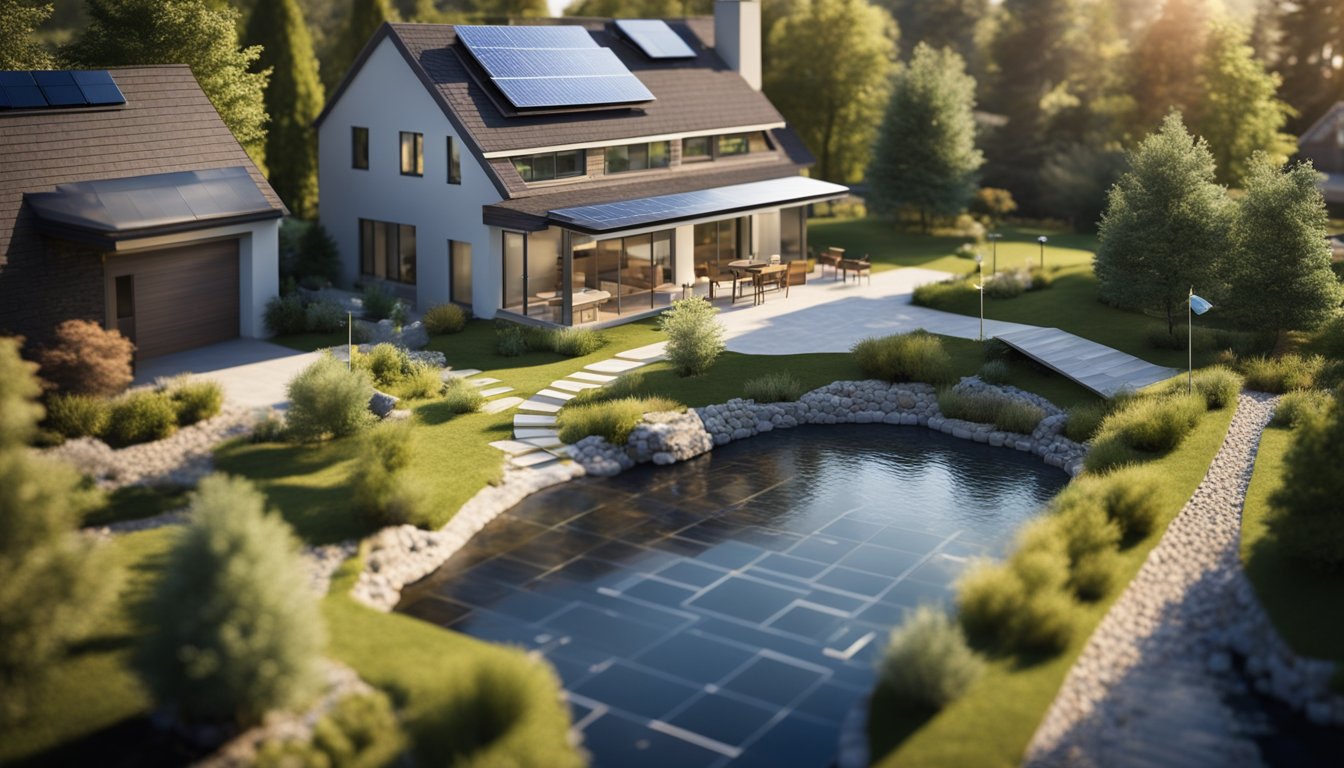 A sunny suburban home with solar panels on the roof, a wind turbine in the backyard, and a small stream running through the property with a hydroelectric generator