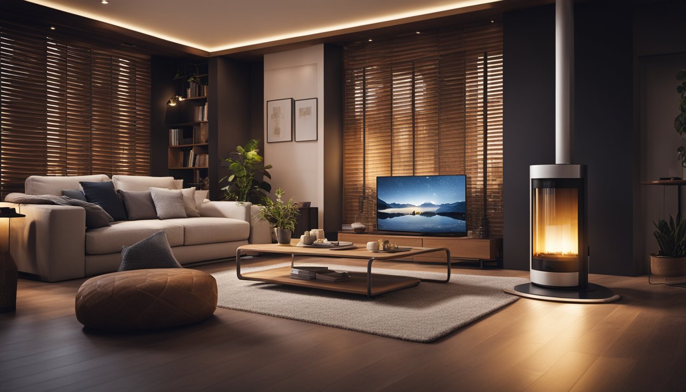 A cozy living room with a modern energy-efficient heating system, such as a sleek radiator or underfloor heating, surrounded by comfortable furniture and warm lighting