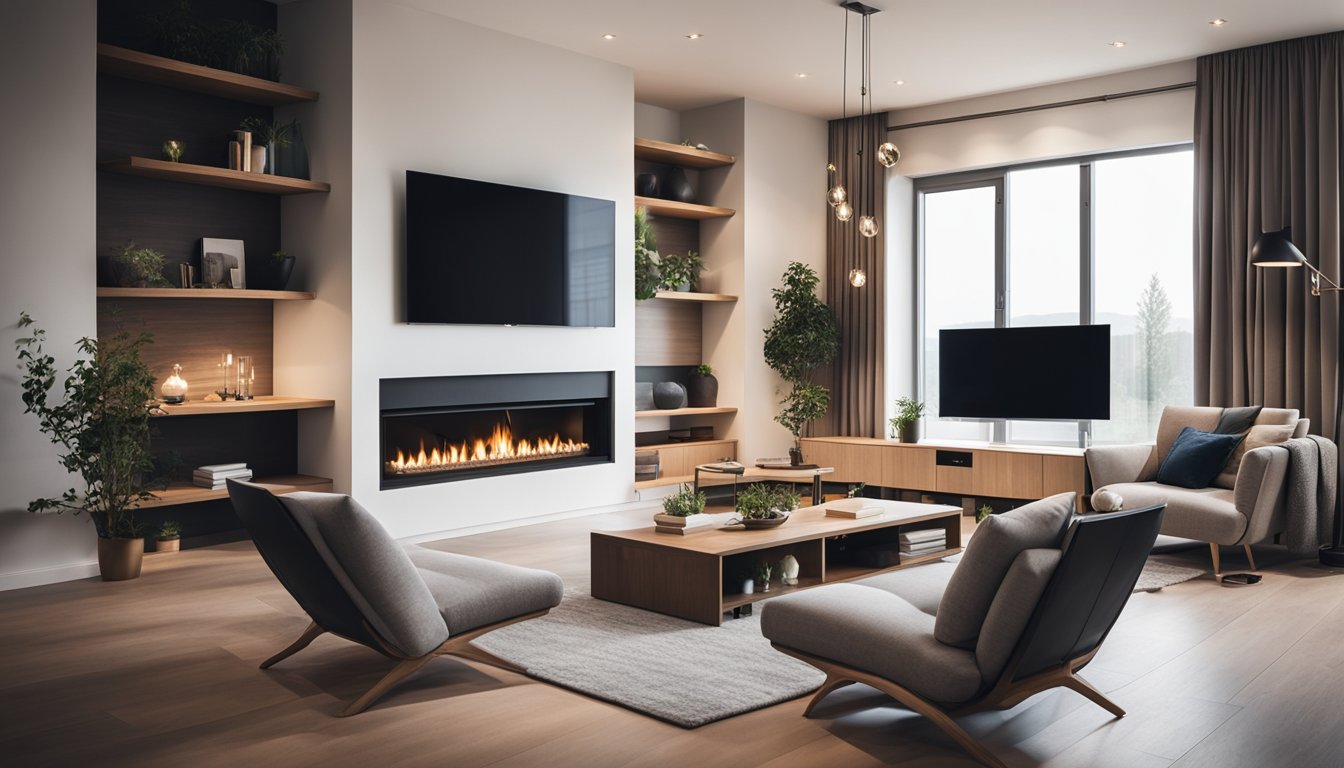 A cozy living room with a modern fireplace, surrounded by energy-efficient heating options like a heat pump, underfloor heating, and smart thermostats