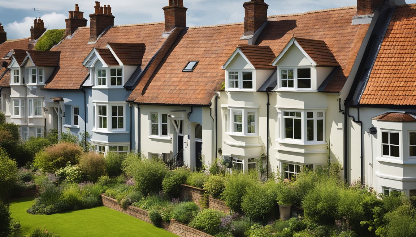 A row of charming UK homes with lush green roofs, showcasing the benefits of eco-friendly design and maintenance