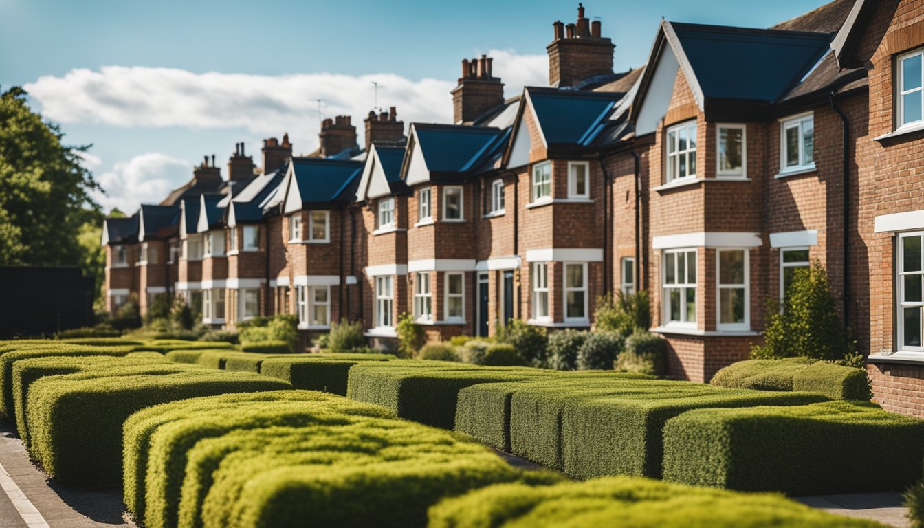 A row of UK homes with green roofs, surrounded by trees and clear skies