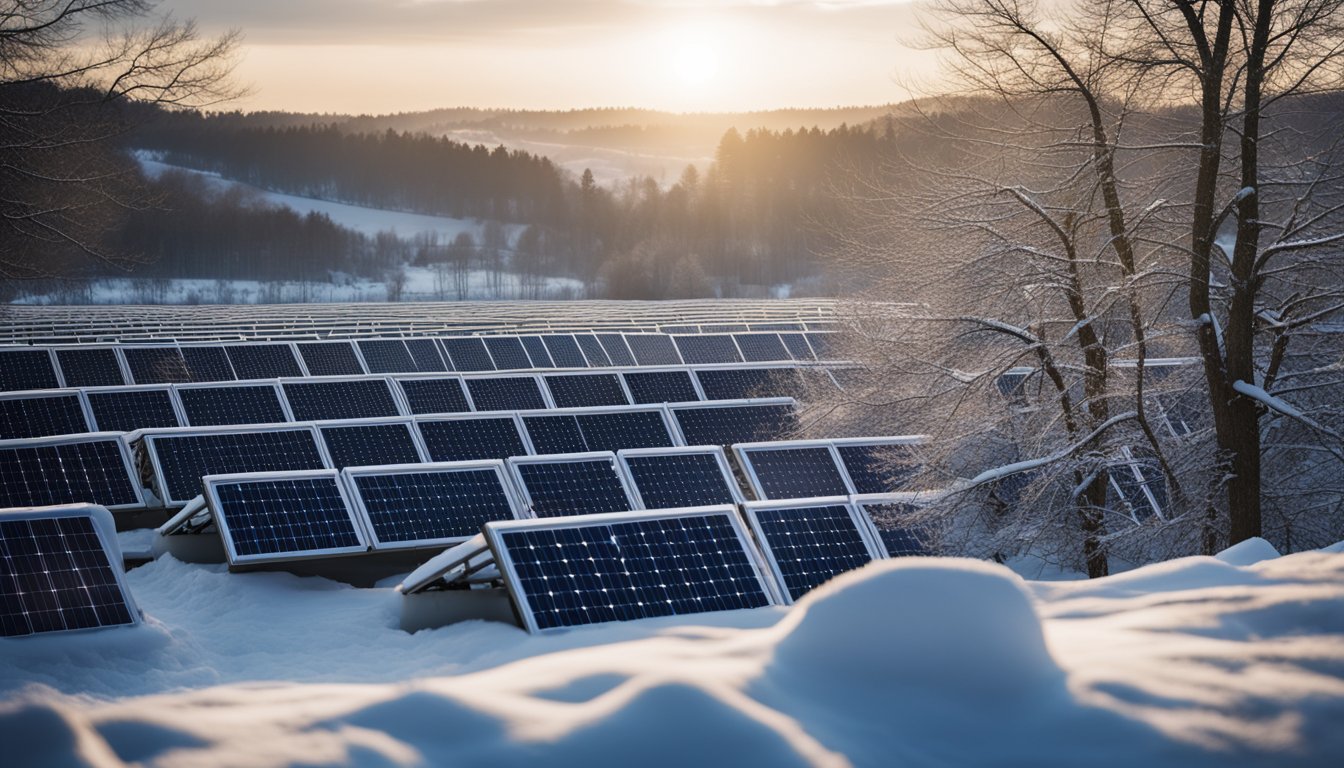 A snowy landscape with solar panels angled towards the weak winter sun, surrounded by bare trees and a cold, overcast sky