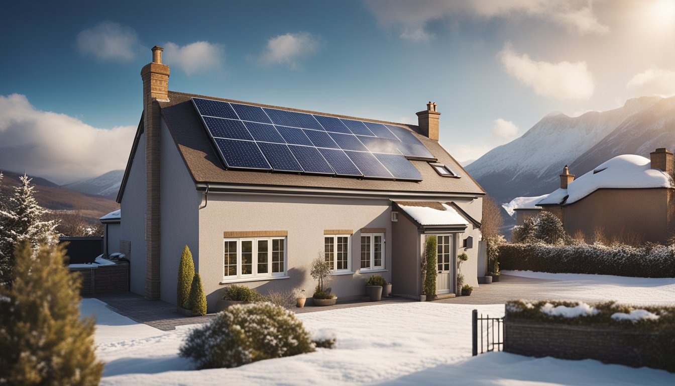 A cozy British home with solar panels on the roof, surrounded by snowy landscapes, with a soft glow of sunlight filtering through the clouds