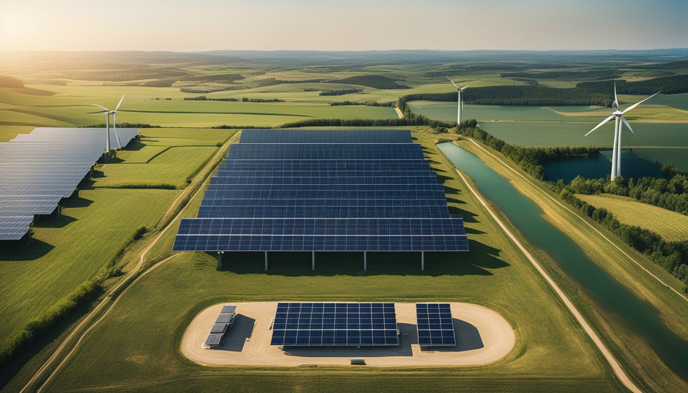 A sunny countryside with wind turbines, solar panels, and hydroelectric dams, surrounded by green fields and blue skies