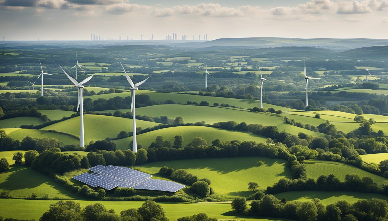 A bustling UK city skyline with wind turbines and solar panels in the foreground, surrounded by green landscapes and clean energy infrastructure