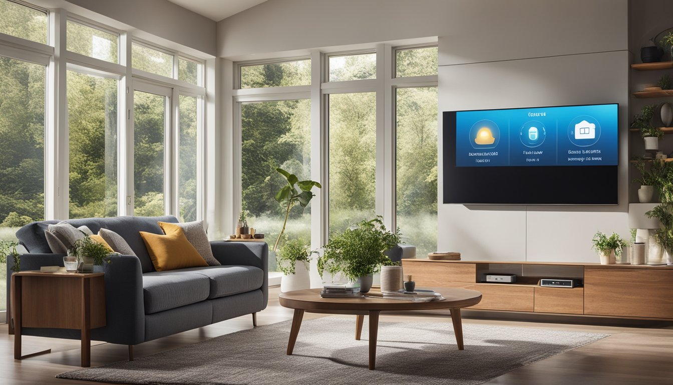 A cozy living room with natural light, energy-efficient appliances, and smart thermostats. LED lighting and insulated windows help reduce energy consumption