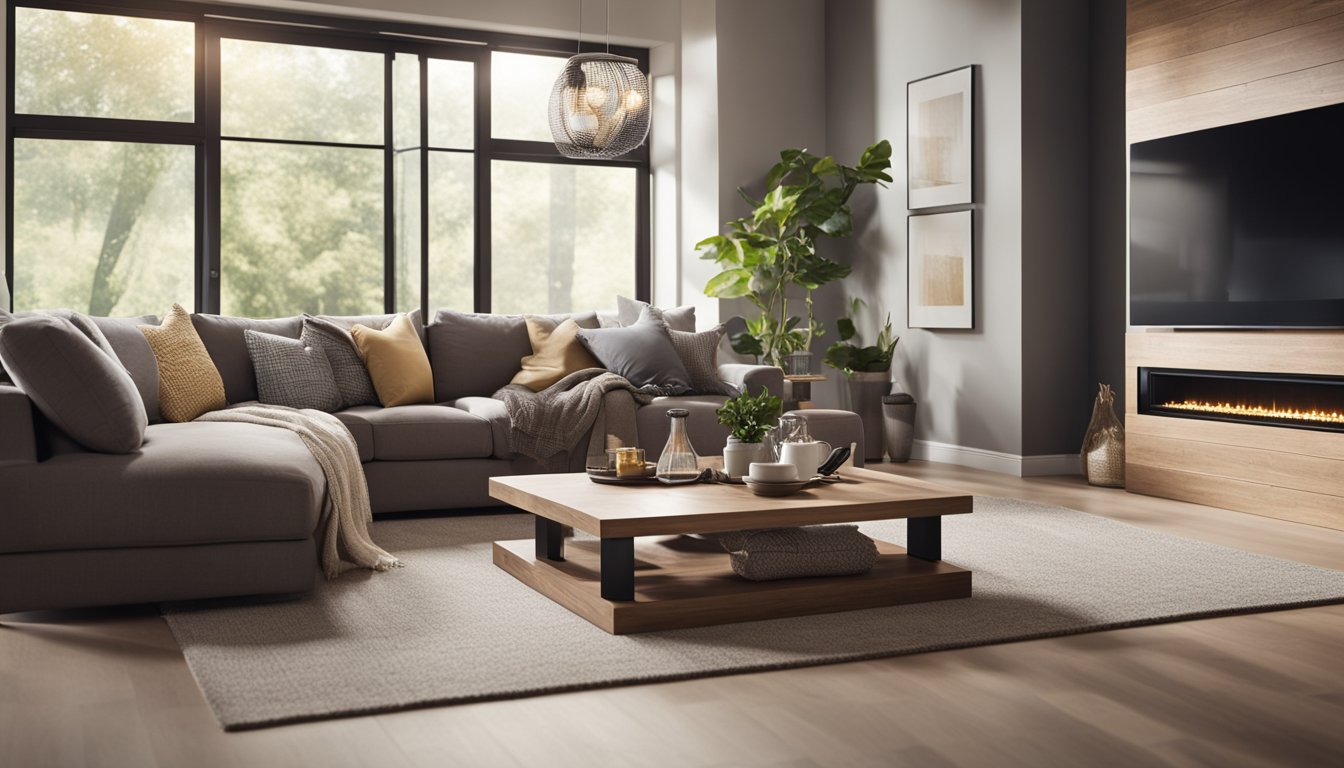 A cozy living room with modern appliances and energy-efficient lighting. A family checking their smart thermostat and insulating their windows