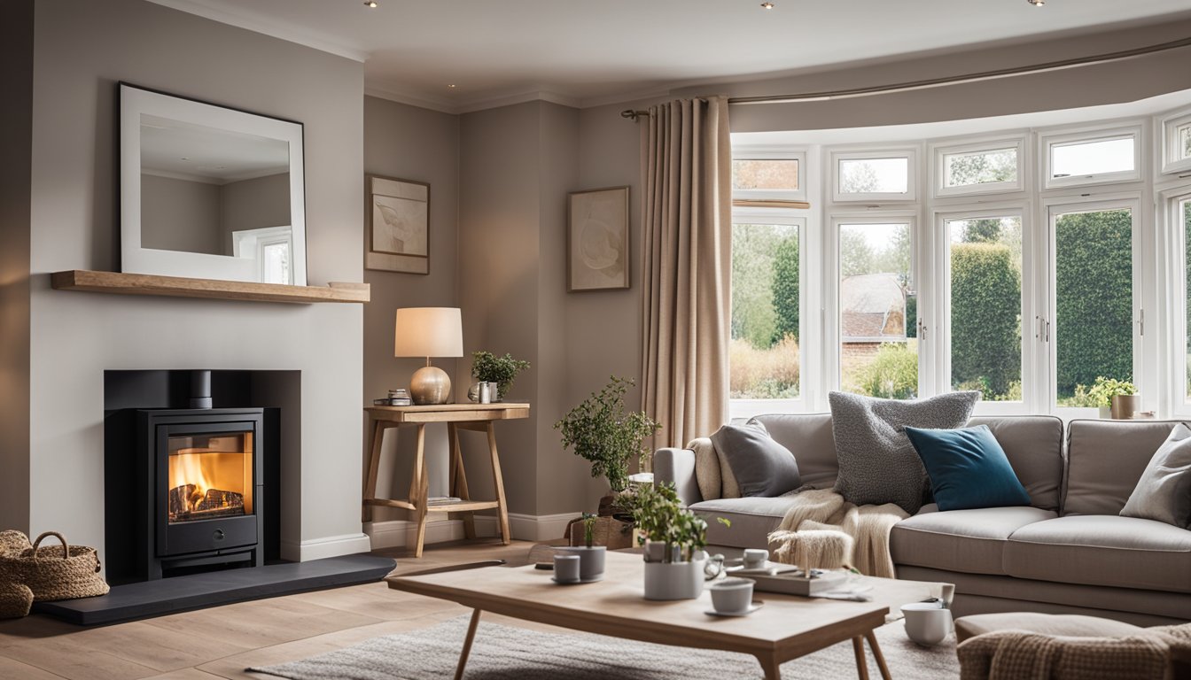 A cozy living room with a fireplace, double-glazed windows, and thick curtains to illustrate home insulation and draught-proofing in the UK