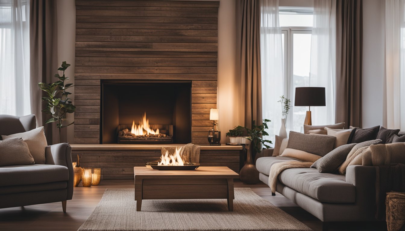 A cozy living room with a roaring fireplace, thick curtains, and a draft excluder under the door