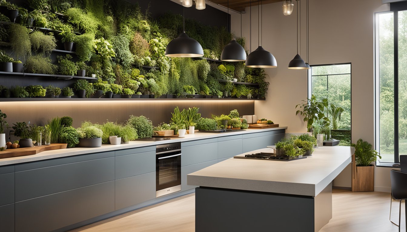 A modern, eco-friendly kitchen with sleek, sustainable materials, energy-efficient appliances, and innovative storage solutions. Natural light floods the space, highlighting the green living wall and composting station