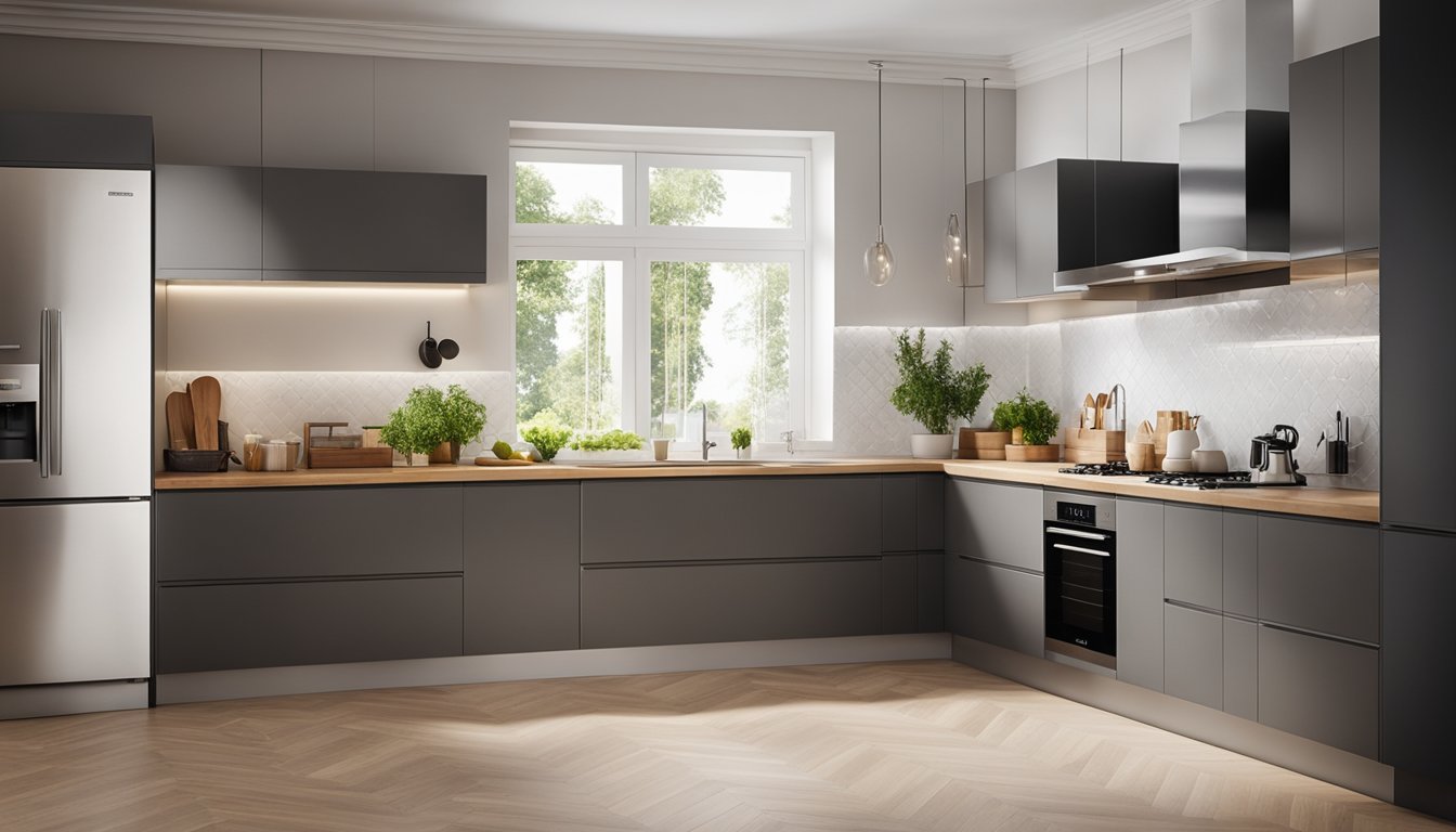 A modern kitchen with eco-friendly features like energy-efficient appliances, sustainable materials, and natural lighting