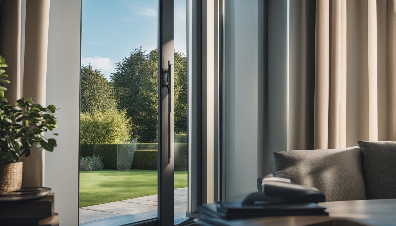 A modern window with double glazing and thermal curtains, reducing heat loss and increasing energy efficiency in a UK home