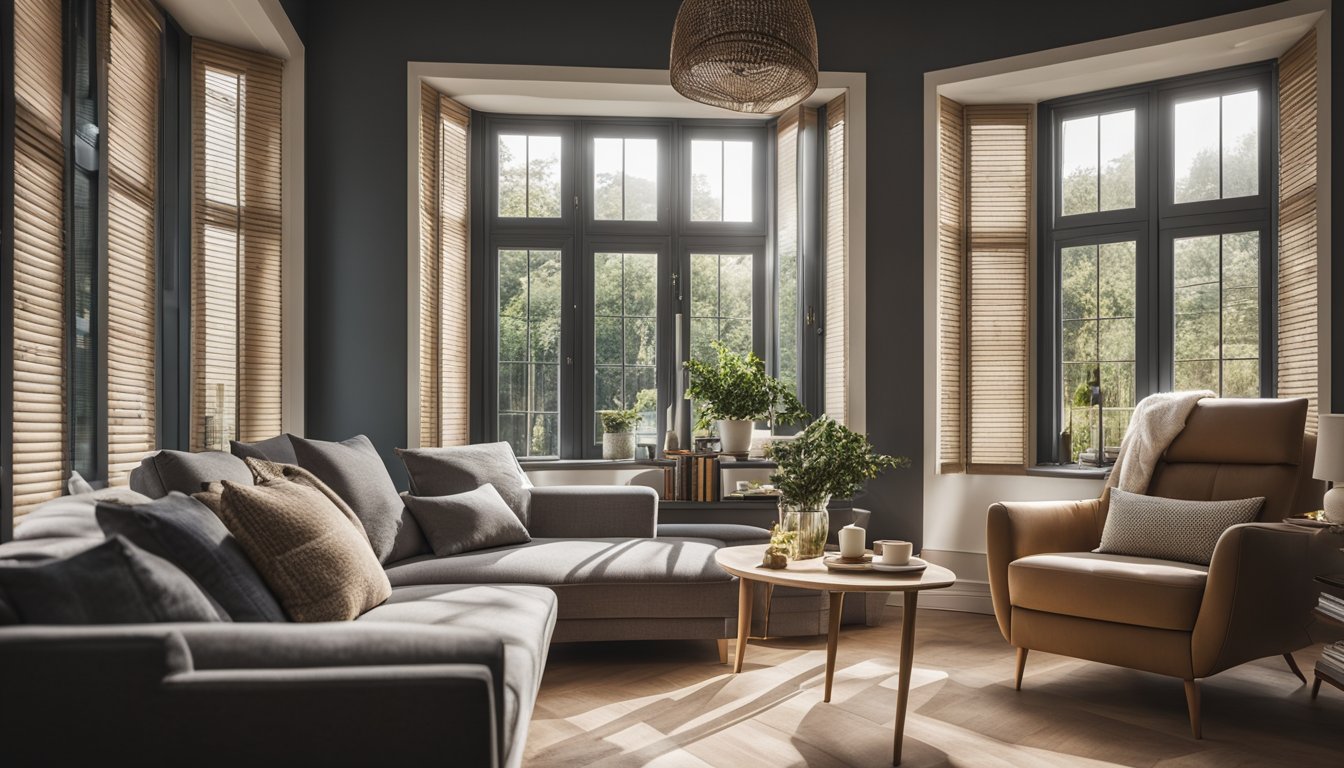 A cozy UK home with energy-efficient window treatments, allowing natural light while conserving heat