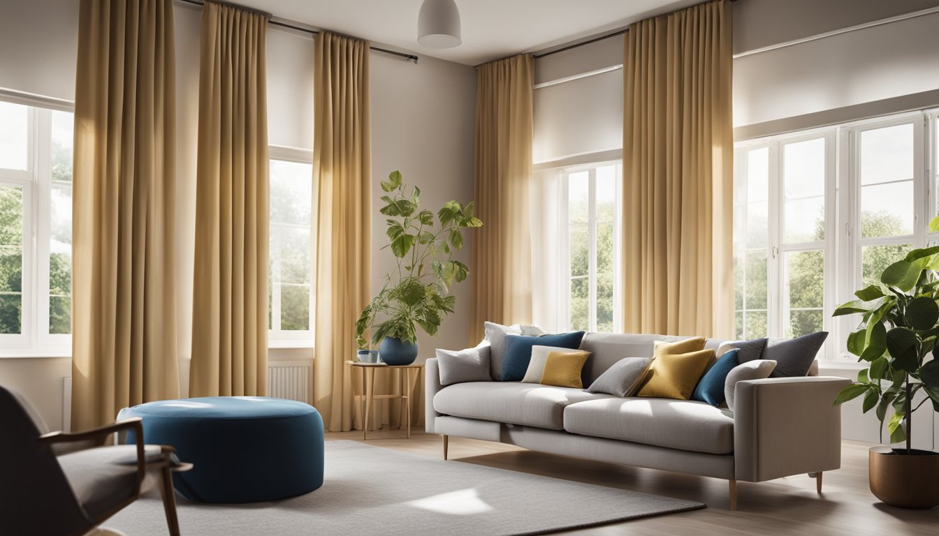 A sunny room with large windows, adorned with stylish and functional UK window treatments. Light filters through, creating a warm and inviting atmosphere