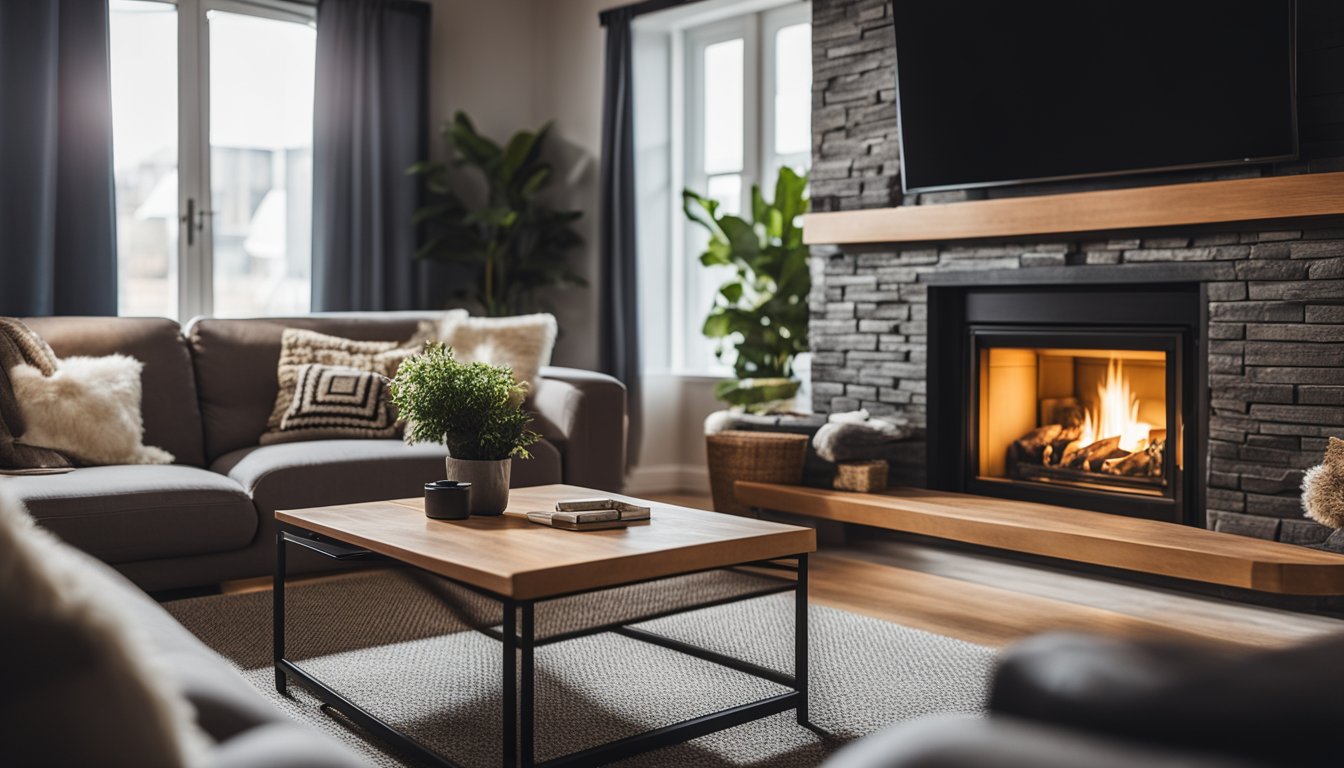 A cozy living room with a fireplace burning biomass fuel, emitting warmth and light, surrounded by comfortable furniture and a peaceful atmosphere